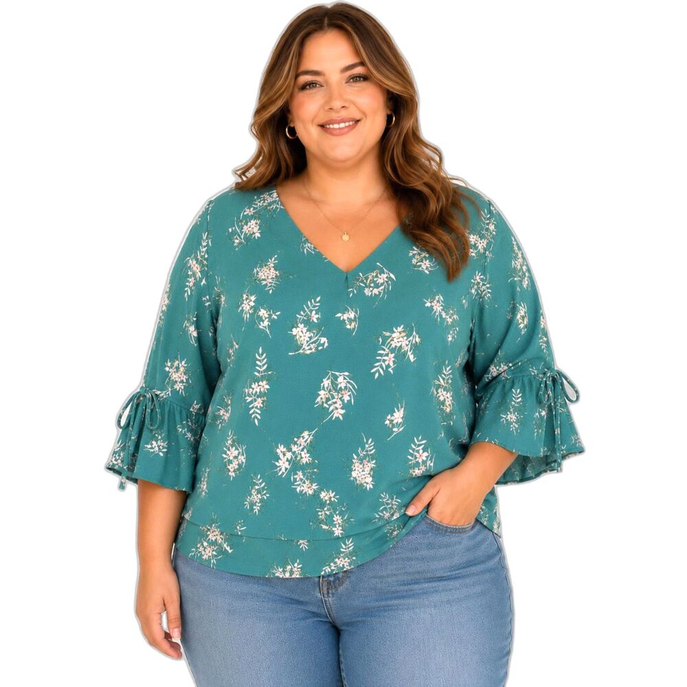 Lily White Plus 2X Floral Blouse Green Boho Bell Sleeve Tie Top V-Neck